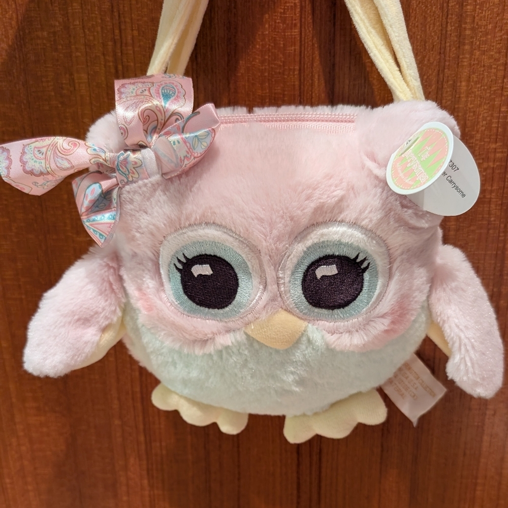 Bearington Hooter Carrysome, Girls Plush Pink Owl Stuffed Animal Purse, Handbag